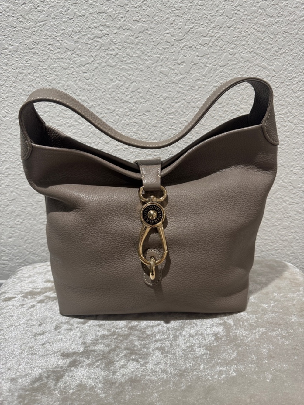 Dooney and Bourke Lock Hobo, Taupe Leather Shoulder Bag with Gold Hardware